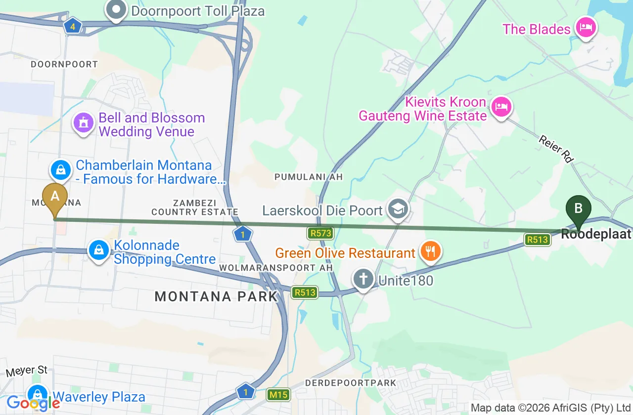 Map showing the route from Netcare Montana Hospital to Roodepark Eco City 2