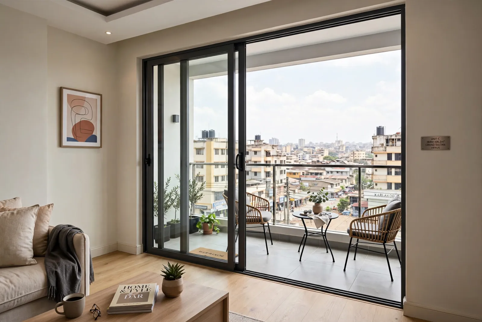 Artistic impression of a balcony and Kariakoo view at Grand Sultan Venus