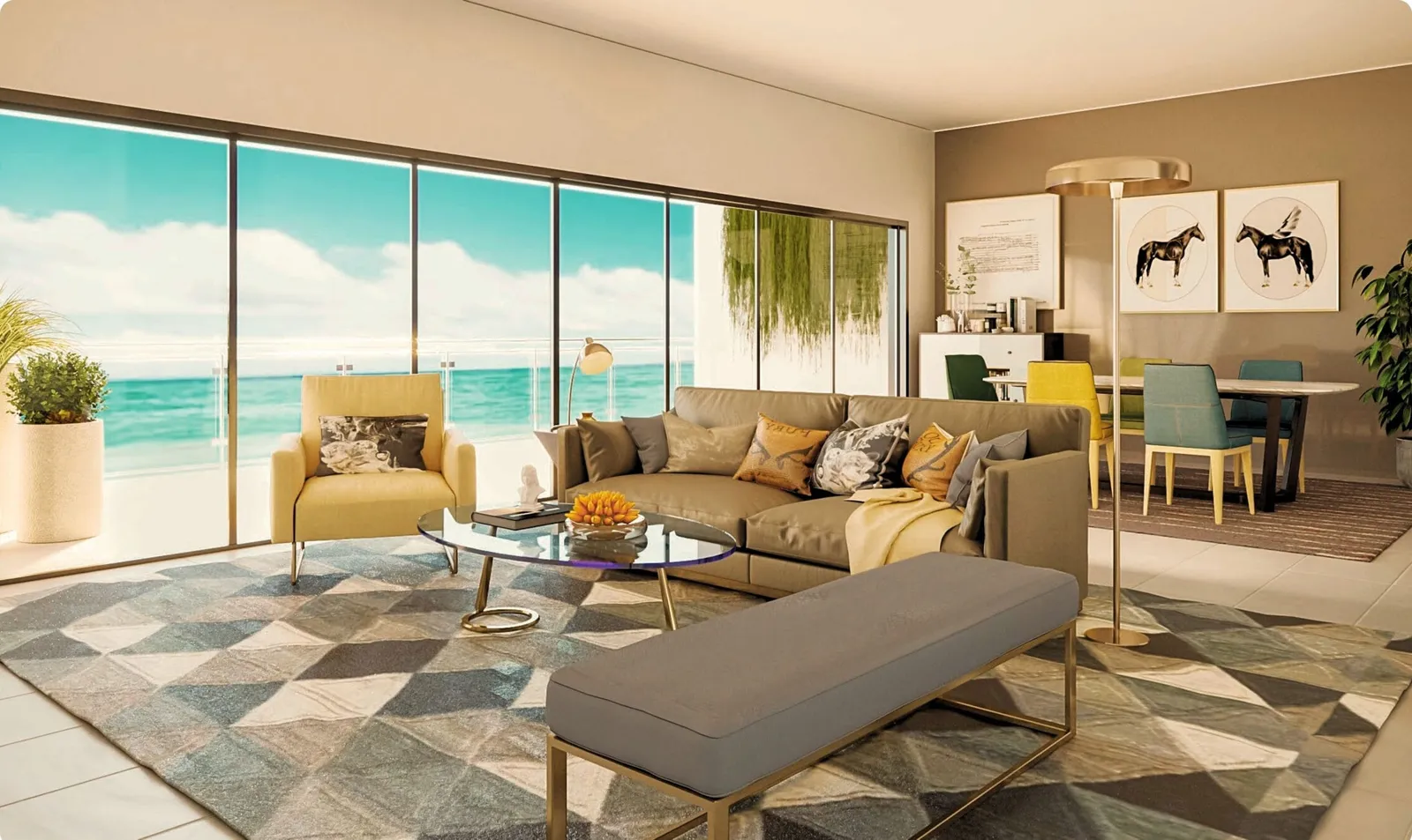 Living room render at Aquavista Residences, Nyali, with a mustard armchair, grey sofa and full-height glass facing the sea