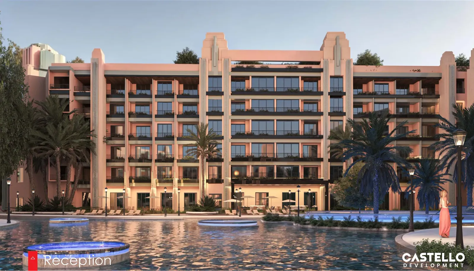 A multi-story modern building with balconies overlooking a pool surrounded by palm trees and illuminated lamps during dusk.