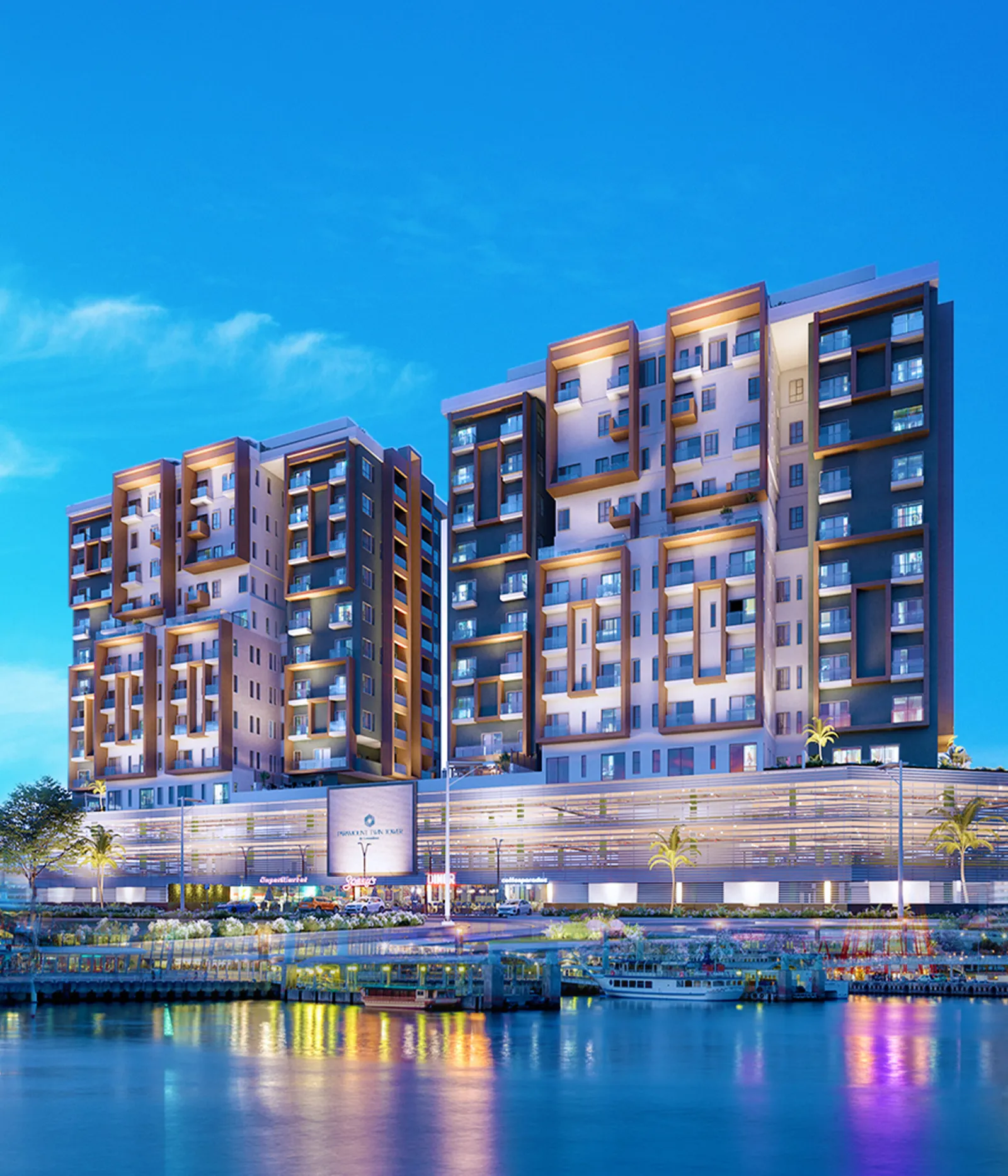 Paramount Twin Towers luxury apartments in Oniru, Victoria Island — twin tower exterior render