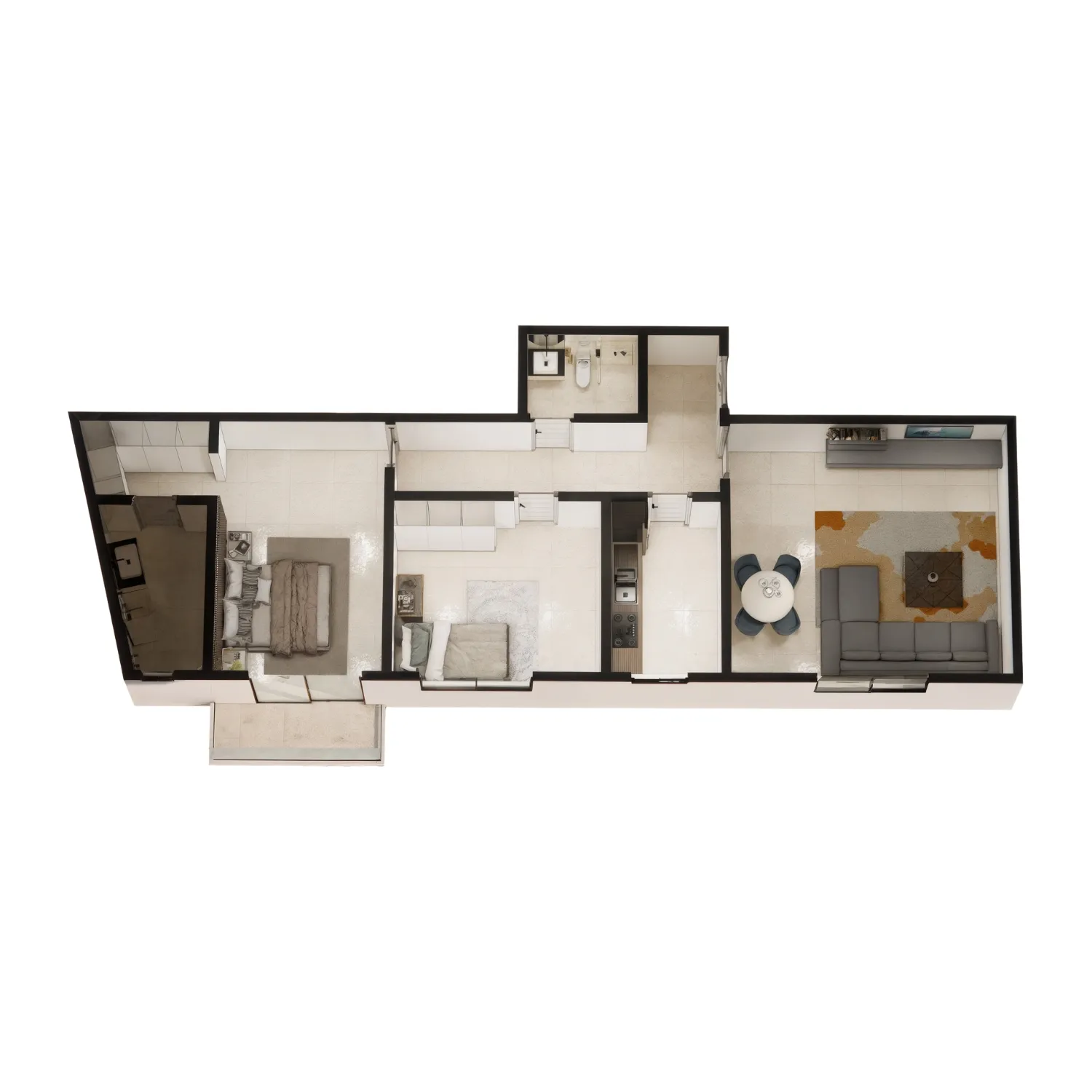 Plan 3D d’appartement avec deux chambres et salon