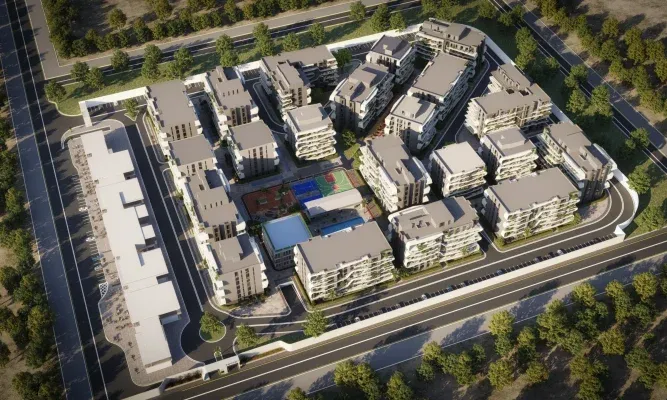 Aerial view of the masterplan and green spaces in Belva Compound