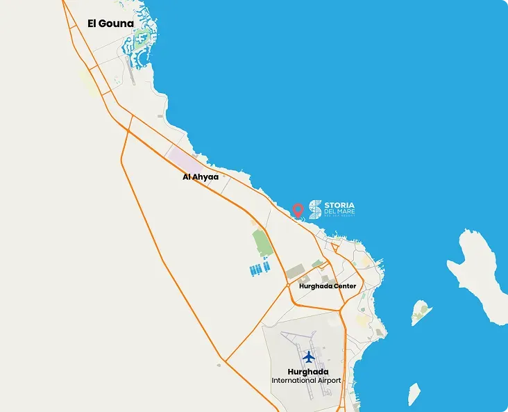Map of the Hurghada region in Egypt showing El Gouna, Al Ahyaa, Hurghada Center, Hurghada International Airport, and the location of Storia Del Mare resort along the coast.