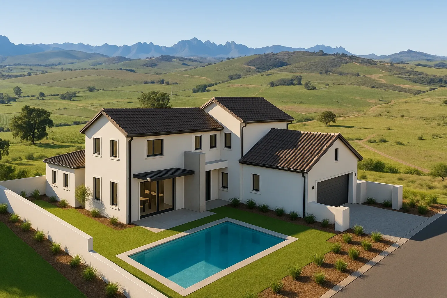 Aerial render of a Bossenzicht home and pool with vineyards, rolling hills and mountains behind