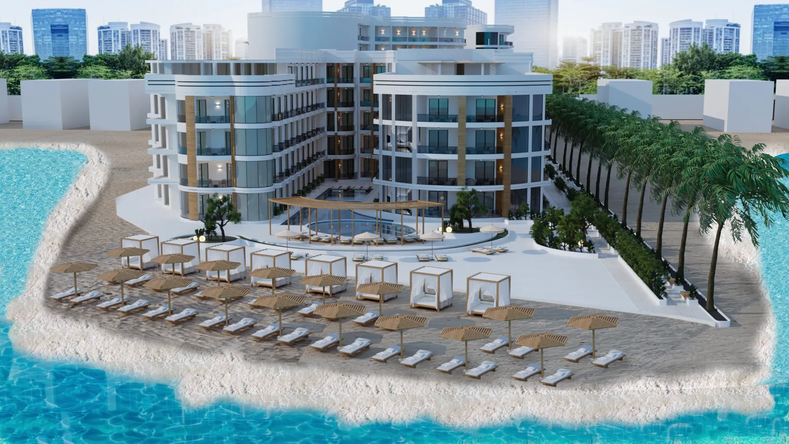 Modern beachfront resort with multiple floors, pool area, sun loungers, umbrellas, and palm trees, overlooking clear blue water.
