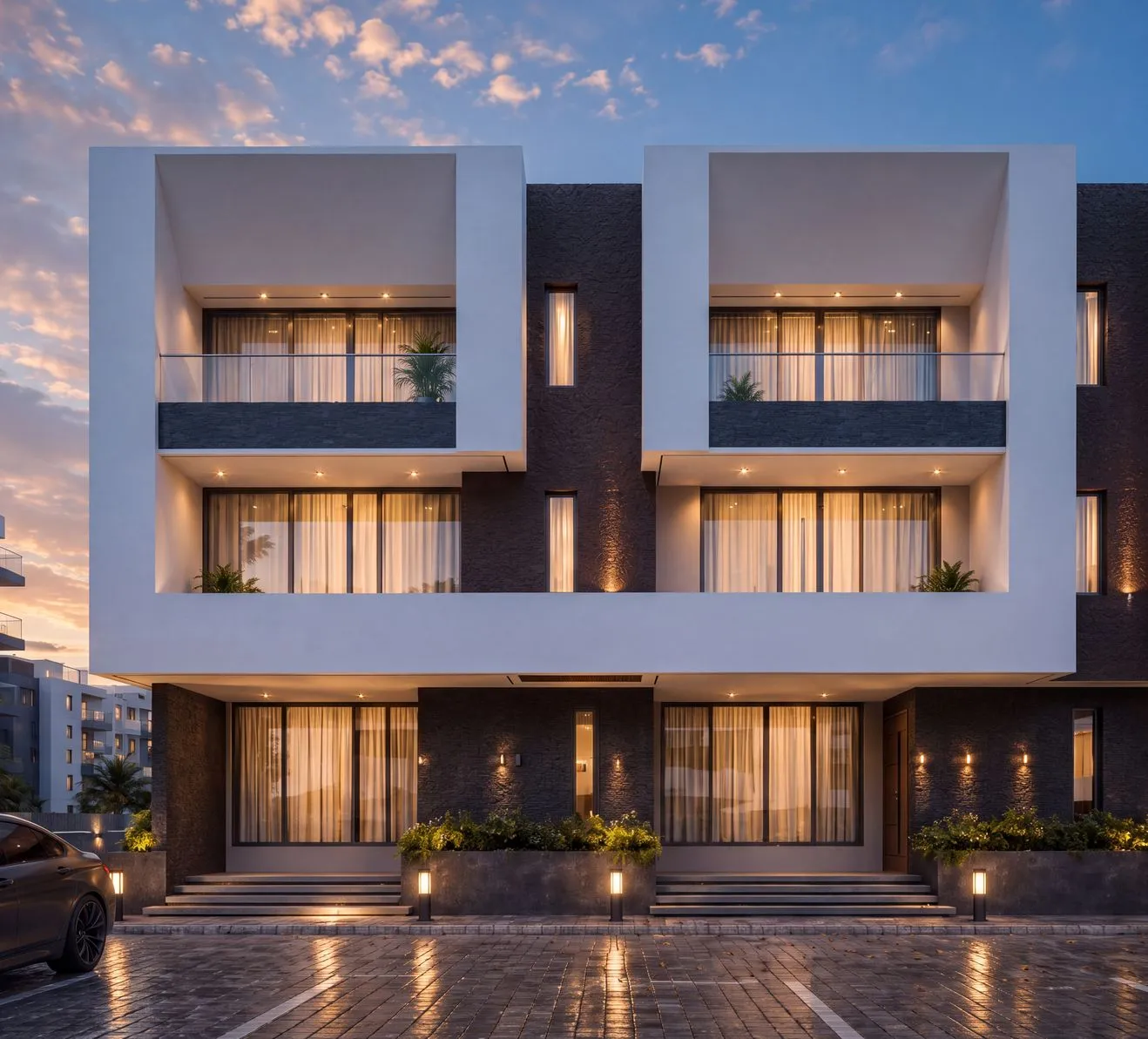 Design visualisation of two Claire Mont terrace units seen close