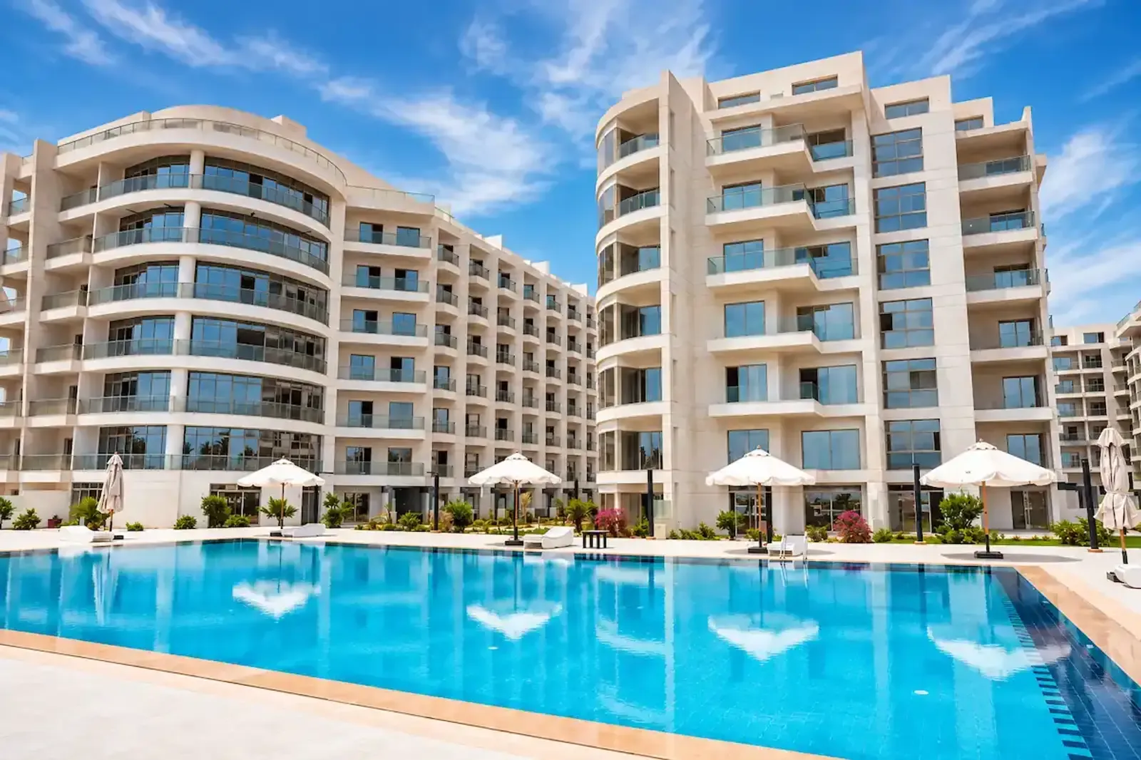 Scandic Resort in Hurghada with a large swimming pool, modern white apartment buildings, glass balconies, landscaped gardens, and shaded poolside seating.