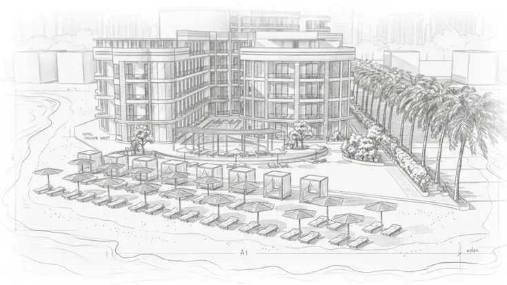 Architectural sketch of a beachfront hotel with multiple lounge chairs and umbrellas lined up on the sandy shore and palm trees along the side.