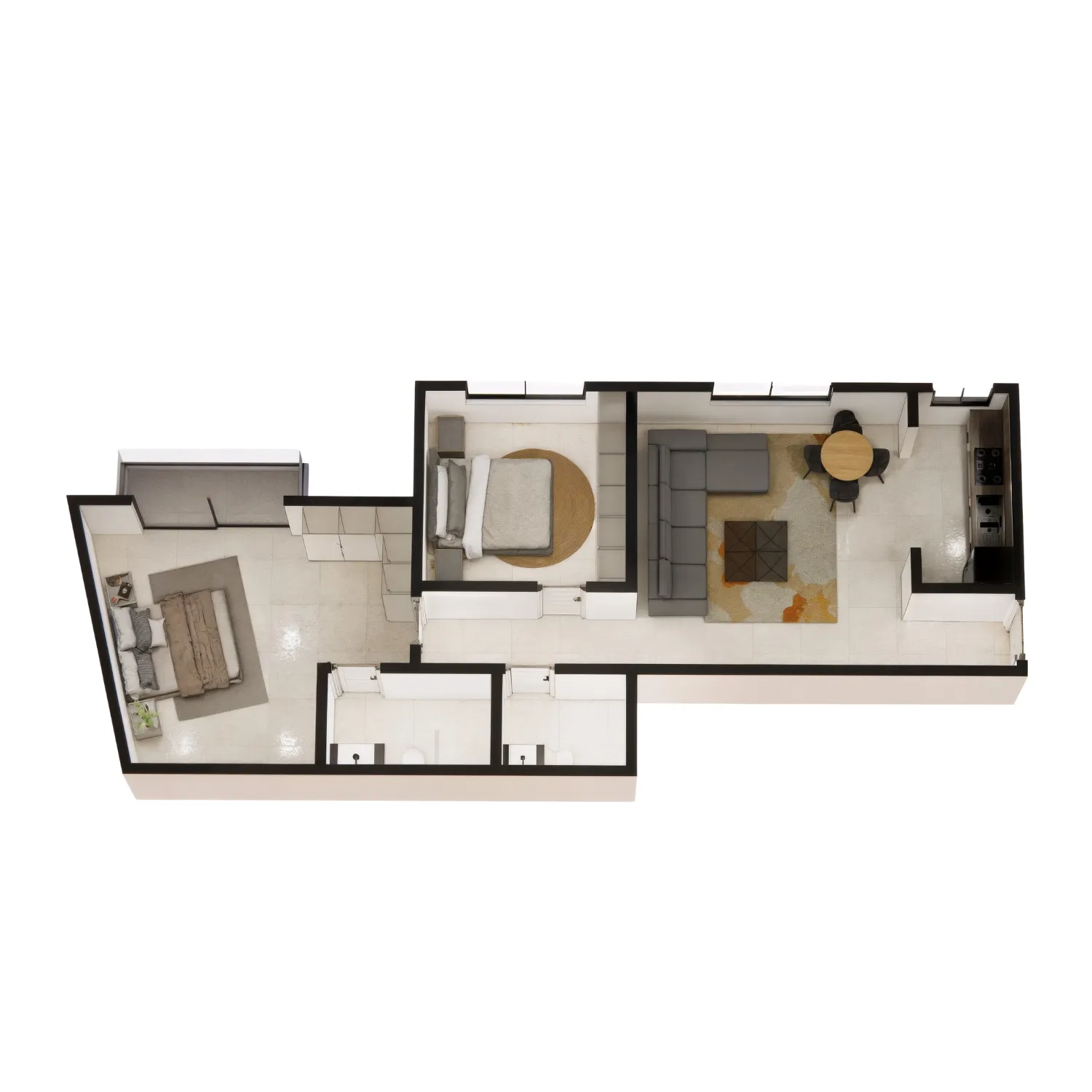 Plan 3D d’appartement avec chambre et salon