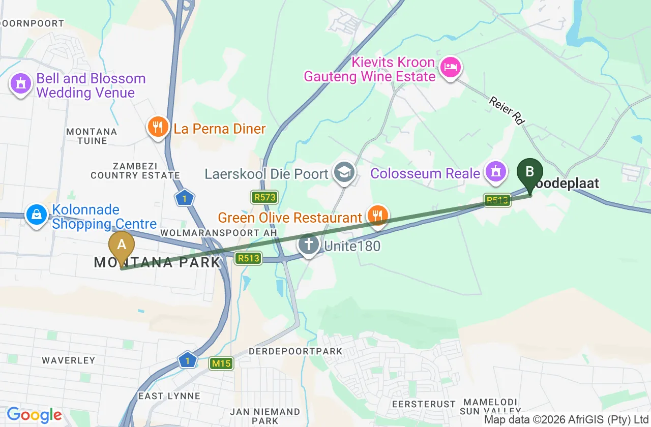 Map showing the route from N1 Zambesi Drive Interchange to Roodepark Eco City 2
