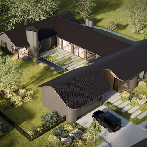 Contemporary house featuring unique curved roofing, large glass windows, and a lush garden with outd.