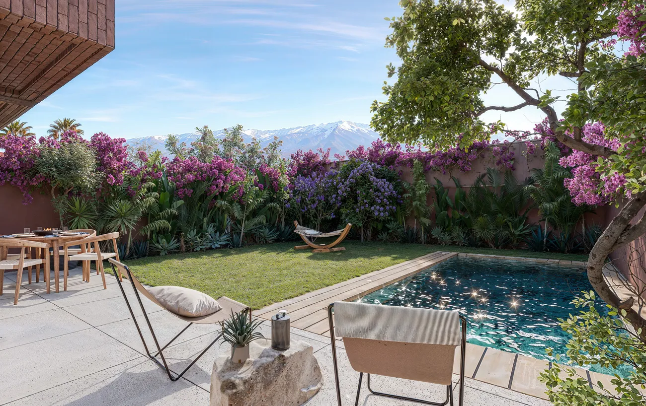 villae : Villa a vendre marrakech - terrasse avec piscine vue sur atlas