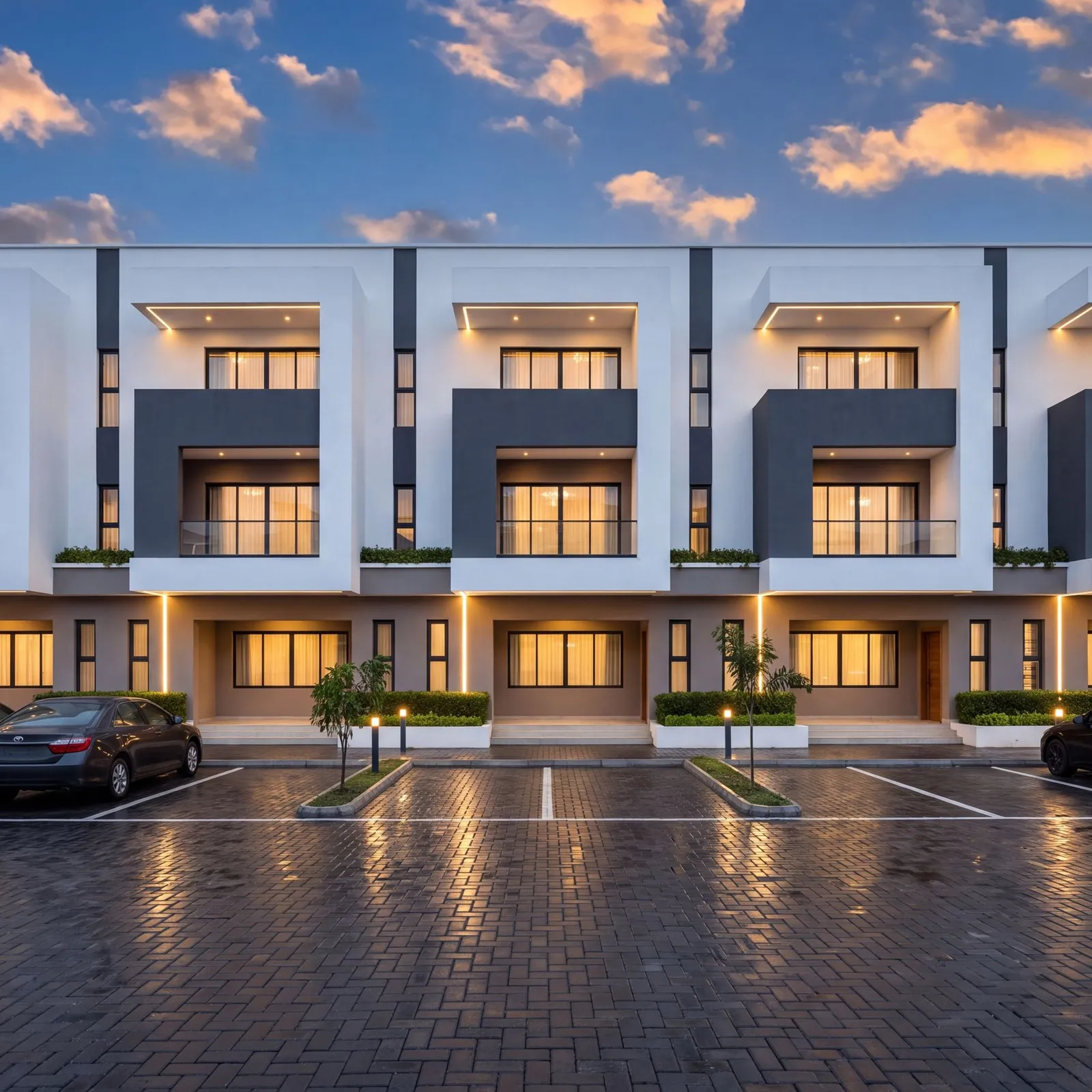 Design visualisation of the five-house row at The Axis at dusk, every balcony frame lit