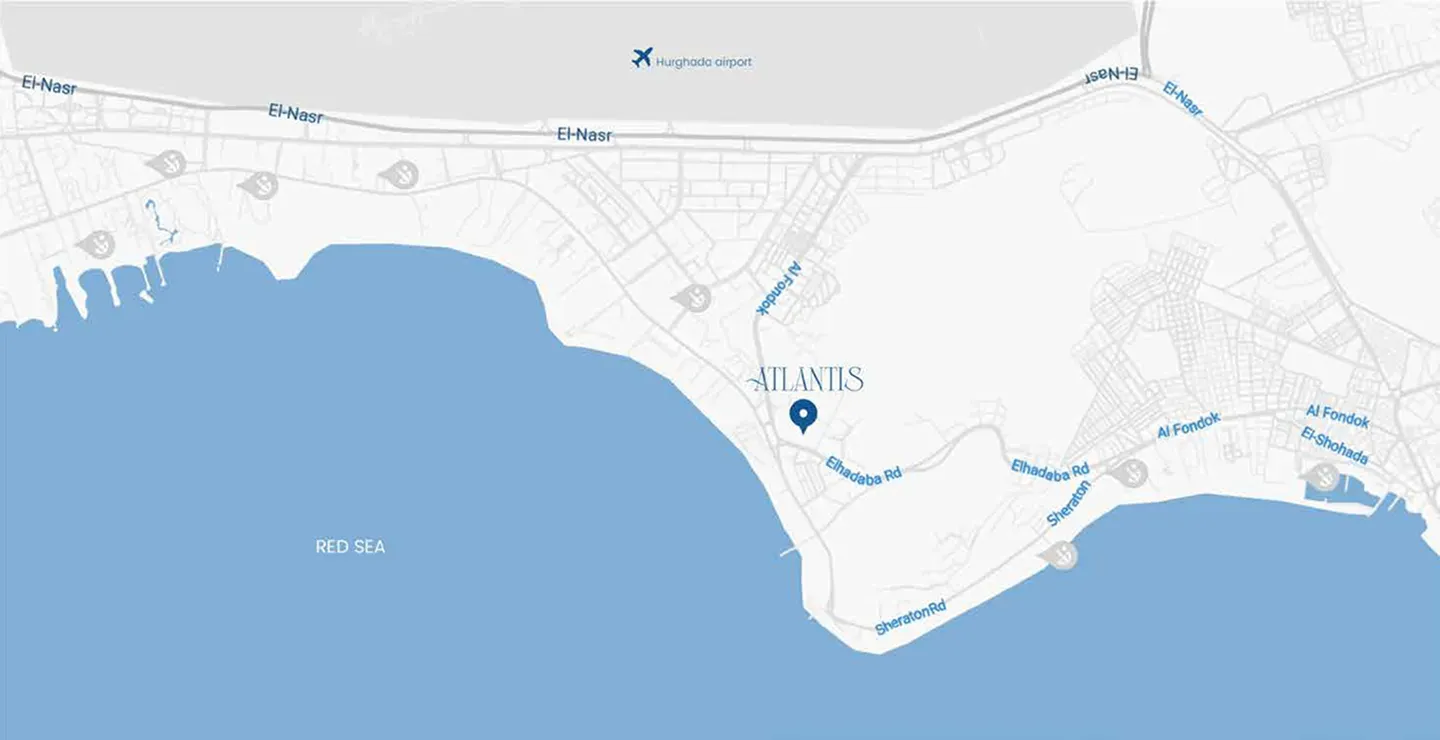 Map showing Atlantis location near the Red Sea coast, with nearby roads El-Nasr, Elhadaba Rd, Sheraton Rd, and Hurghada Airport at the top.