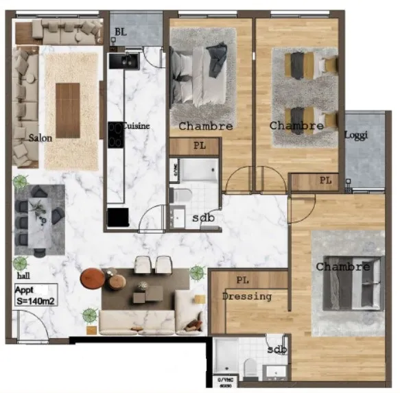 3CH DRESSING marbre parquet finition de luxe