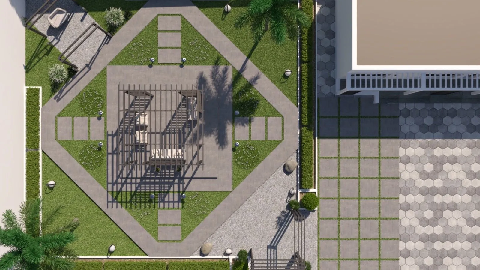 Aerial visualisation of the central courtyard at the Courtyard House
