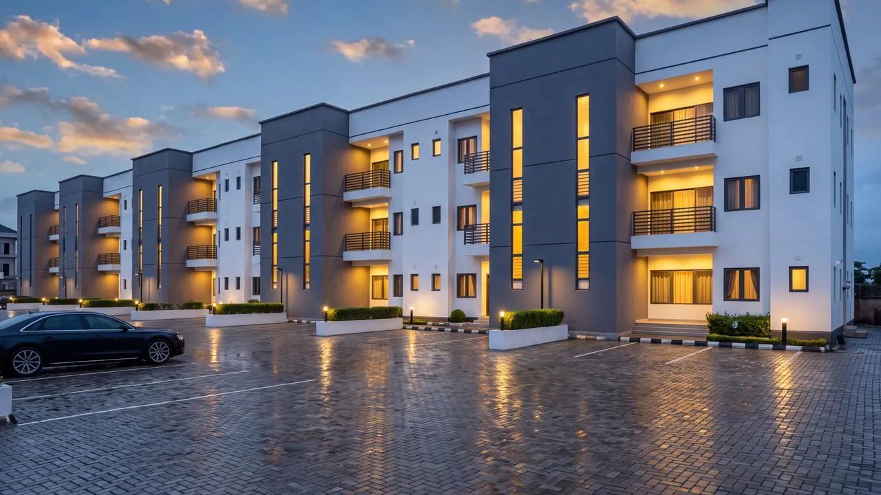 Design visualisation of the Belleville Estate terrace rows at dusk, drawn from the photographs of the built houses, Katampe, Abuja
