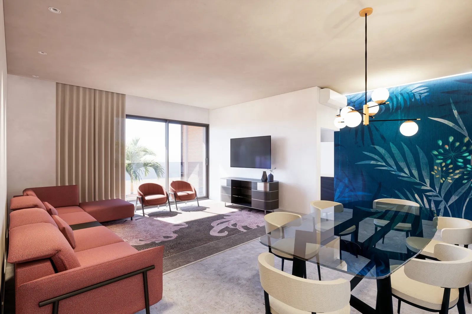 Salon moderne avec papier peint tropical bleu