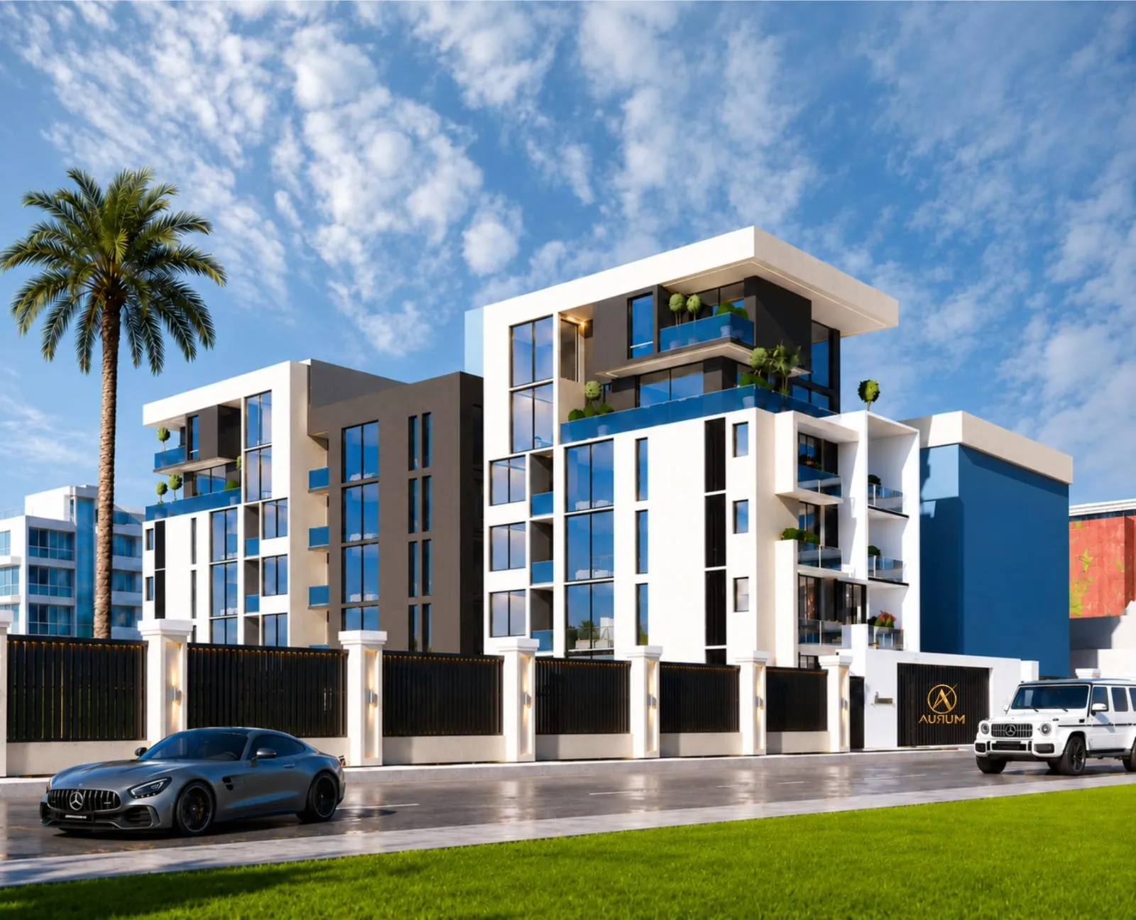 Street view of Aurum in Lekki Phase 1, showing the gated frontage with the Aurum logo, private balconies on every floor and the penthouse level set back on top