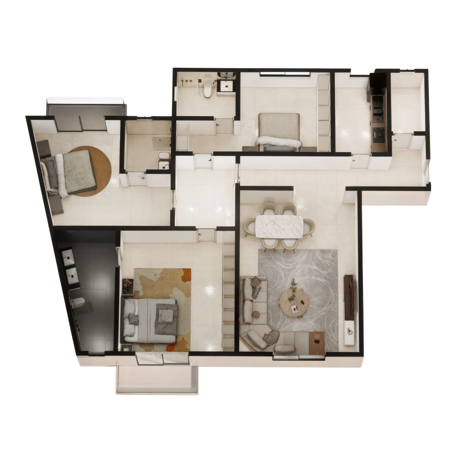 Plan 3D d’un appartement moderne meublé