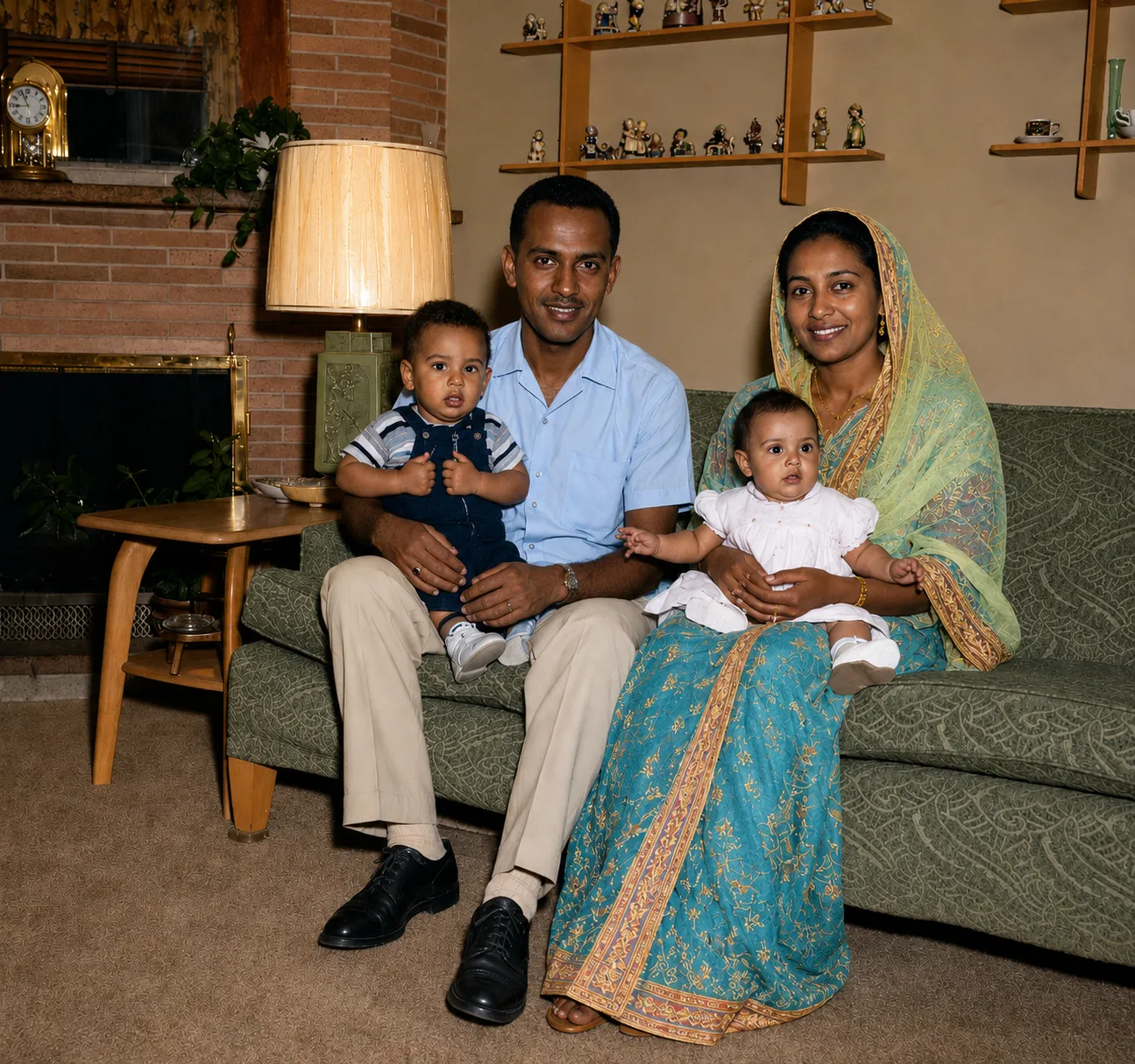 Family sitting on couch in living room with red brick walls