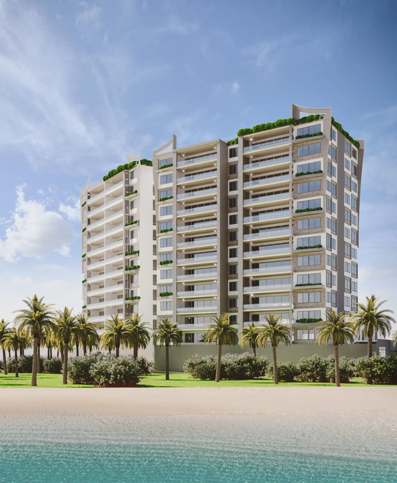 Artist's impression of Aquavista Residences, Nyali, seen from the beach, with palm trees and plants along the rooftops