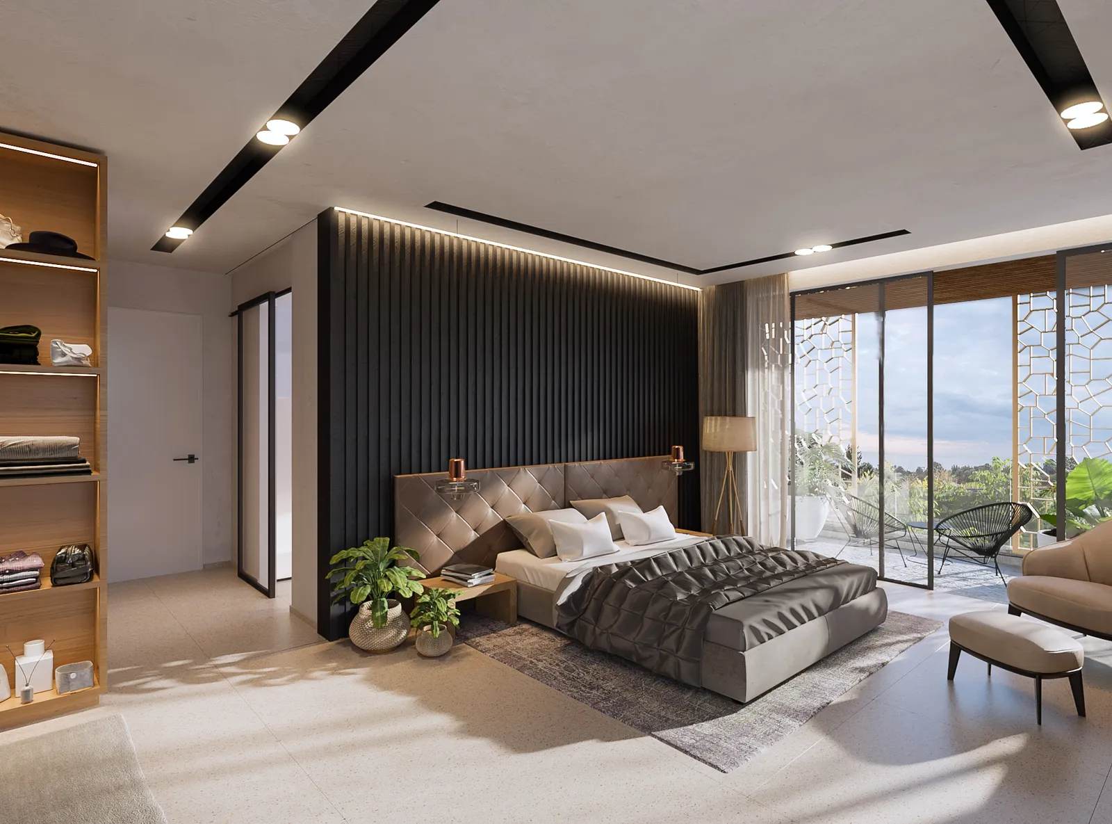 Chambre moderne avec balcon et grande baie vitrée