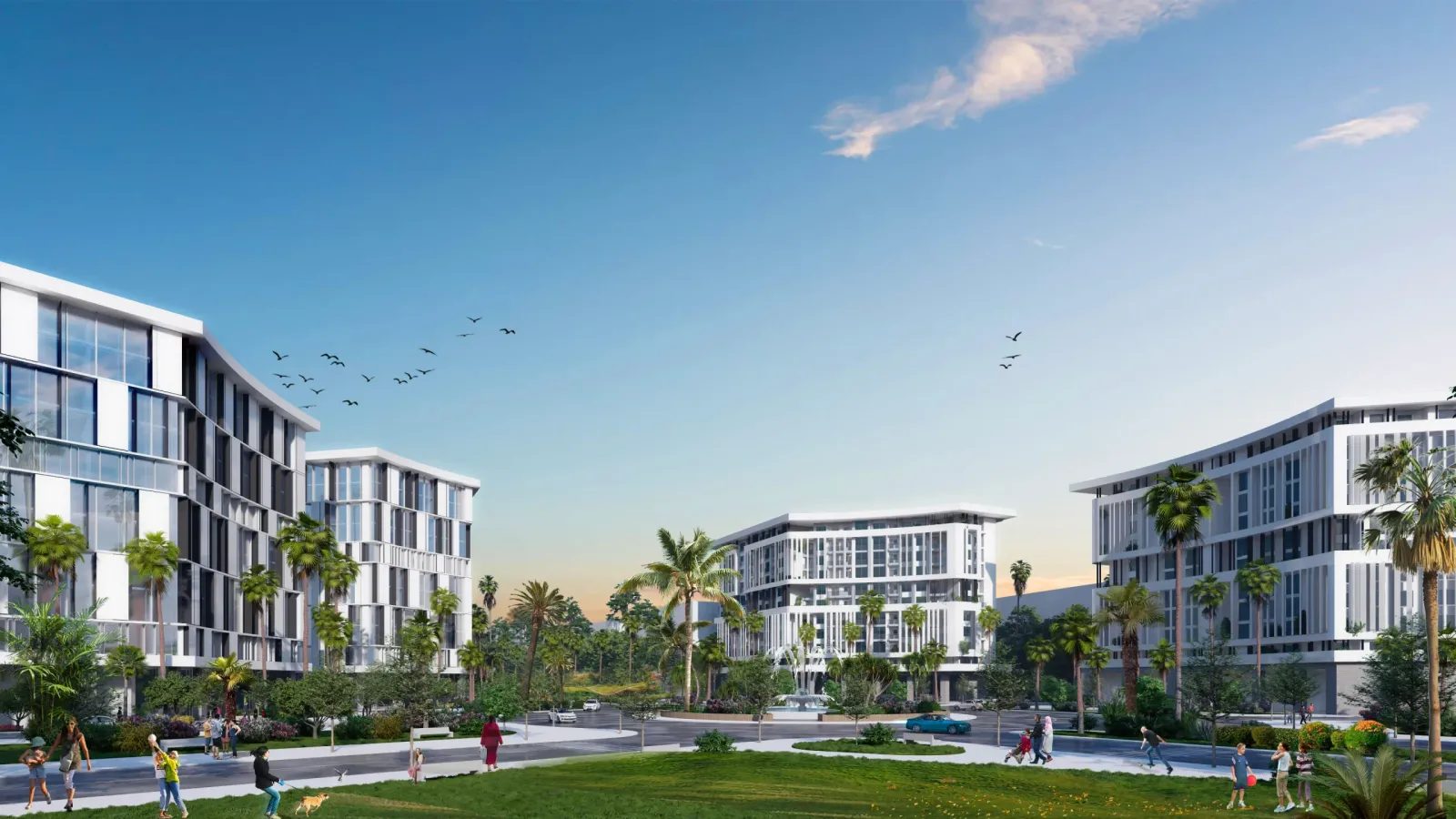 Résidences modernes avec jardin paysager et fontaine au sein du projet Oujda City Center par Coralia Premium