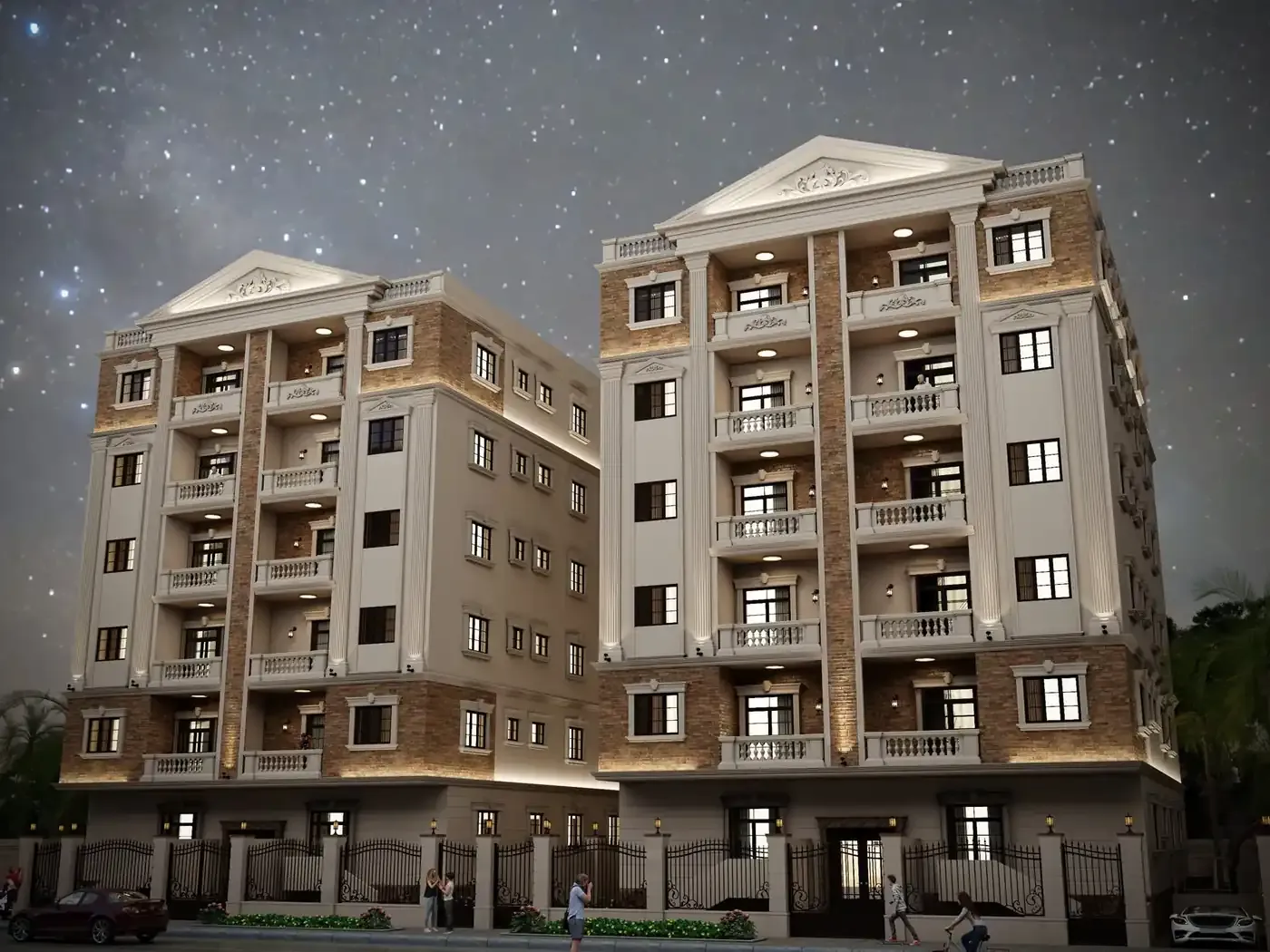 Apartments for sale in Andalus Gardens, New Cairo Project NB 26+27 — Facade study — balconies and cornices