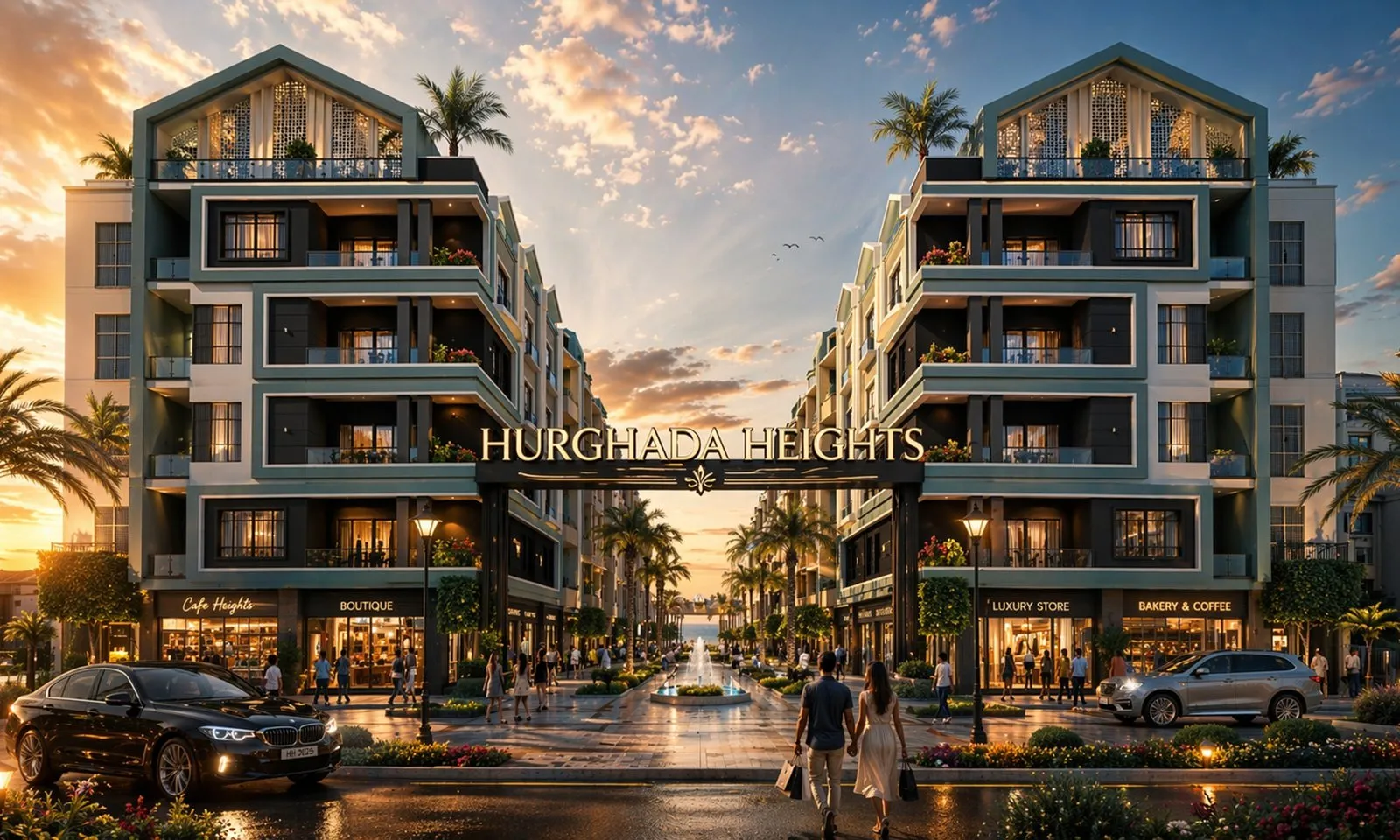 Sunset view of luxury beachfront buildings