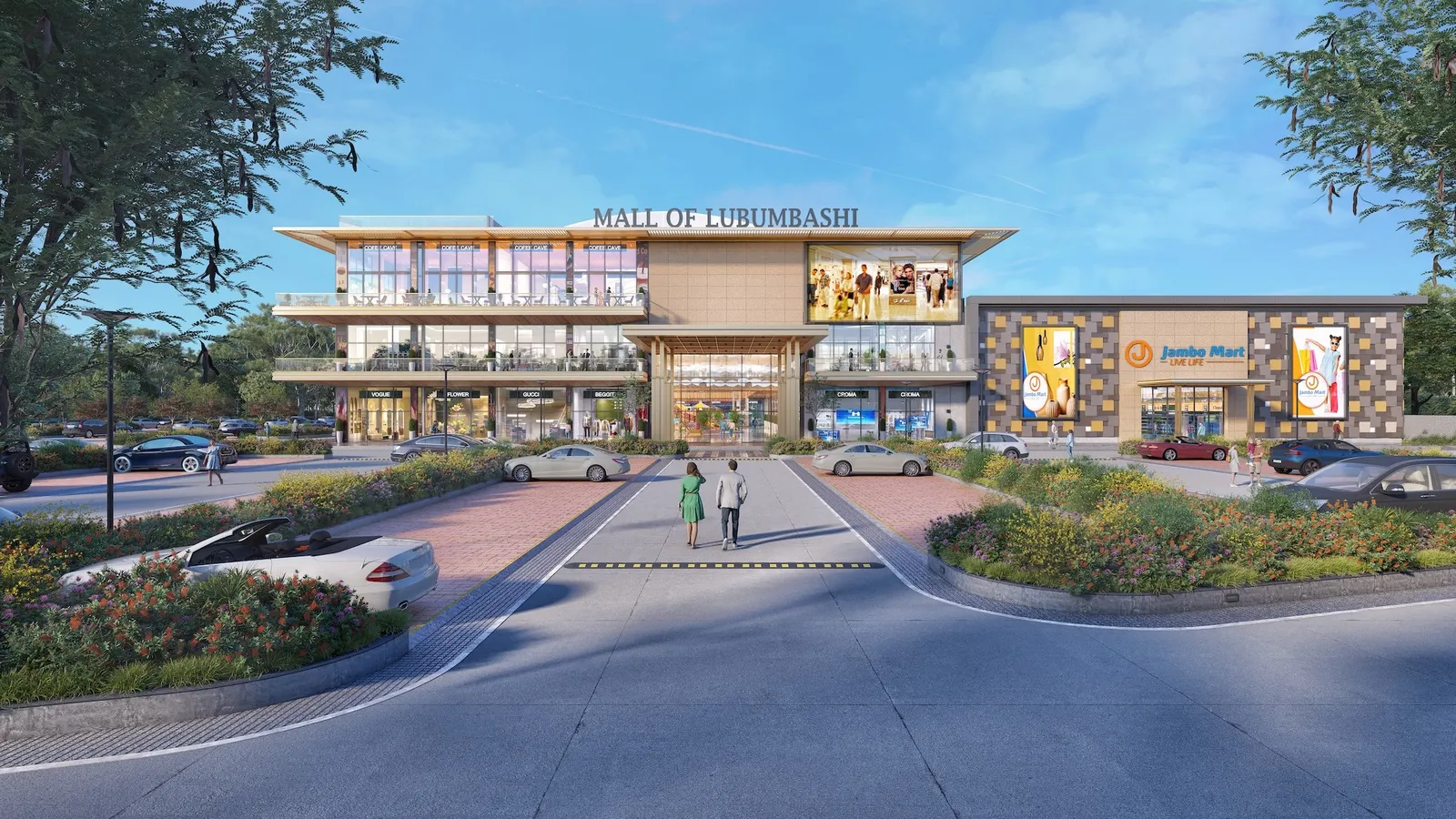 Mall of Lubumbashi CGI external daytime view of entrance parking and signage.jpg
