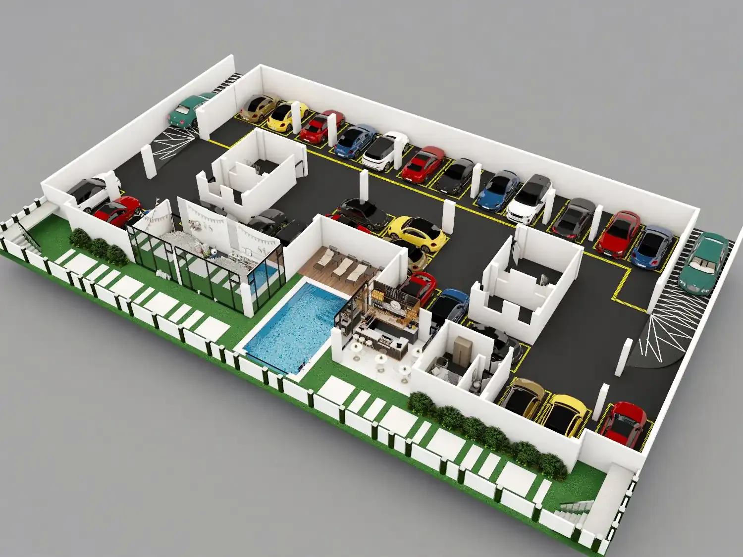 Apartments for sale in Andalus Gardens, New Cairo Project NB 26+27 — Garage level perspective with pool and cafe corner
