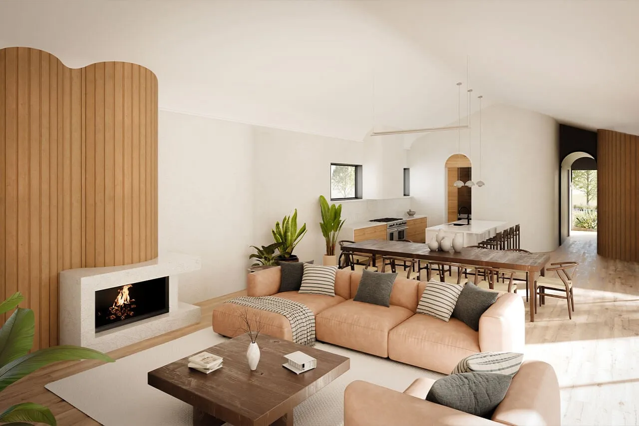 Spacious living area featuring a contemporary fireplace, comfortable seating, and natural light for.