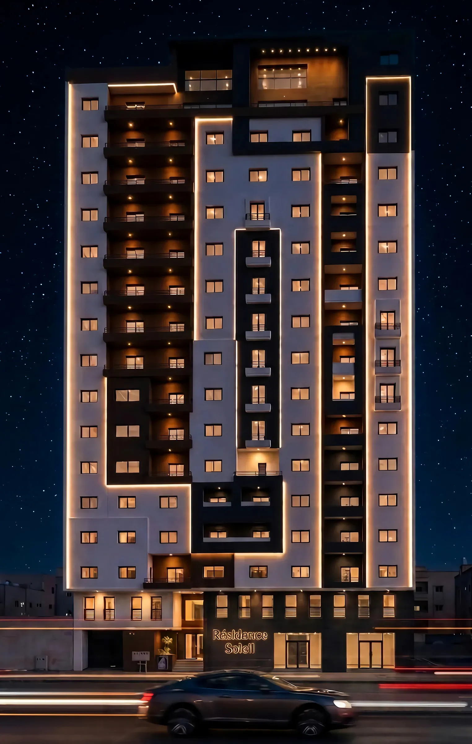 L'entrée de la Résidence Soleil de nuit