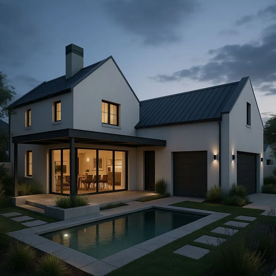 Evening render of a Bossenzicht home with lit interiors, covered patio and pool
