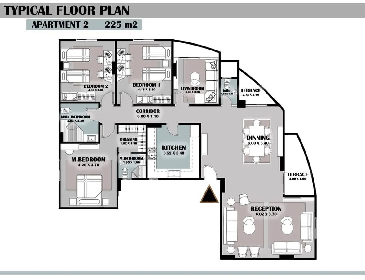 مخطط الوحدة الثانية Apt.2 بمساحة 225 م² في مشروع G29